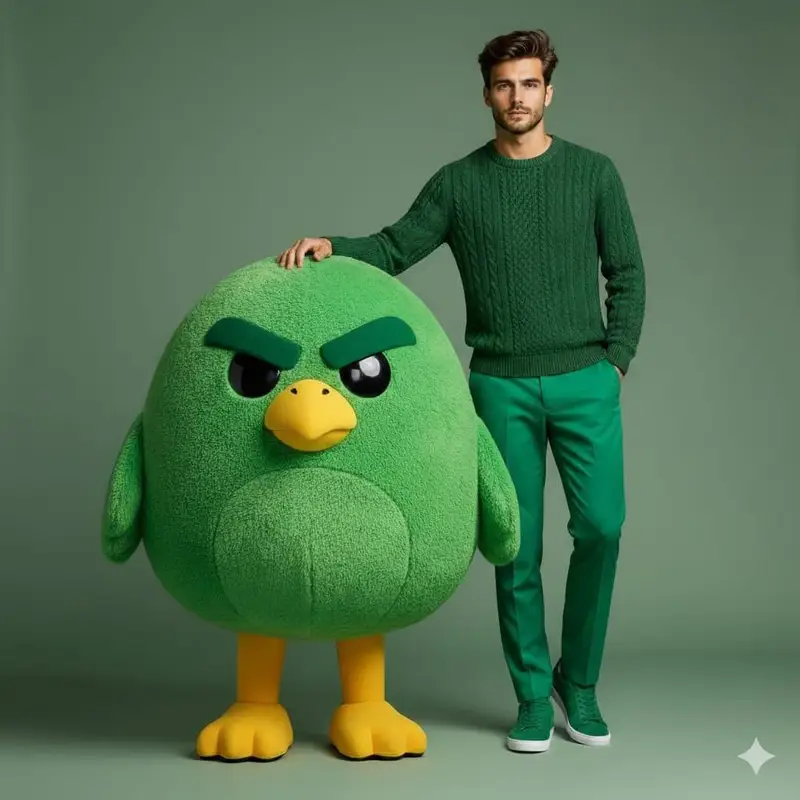 Preview of High-end fashion portrait with plush cartoon mascot