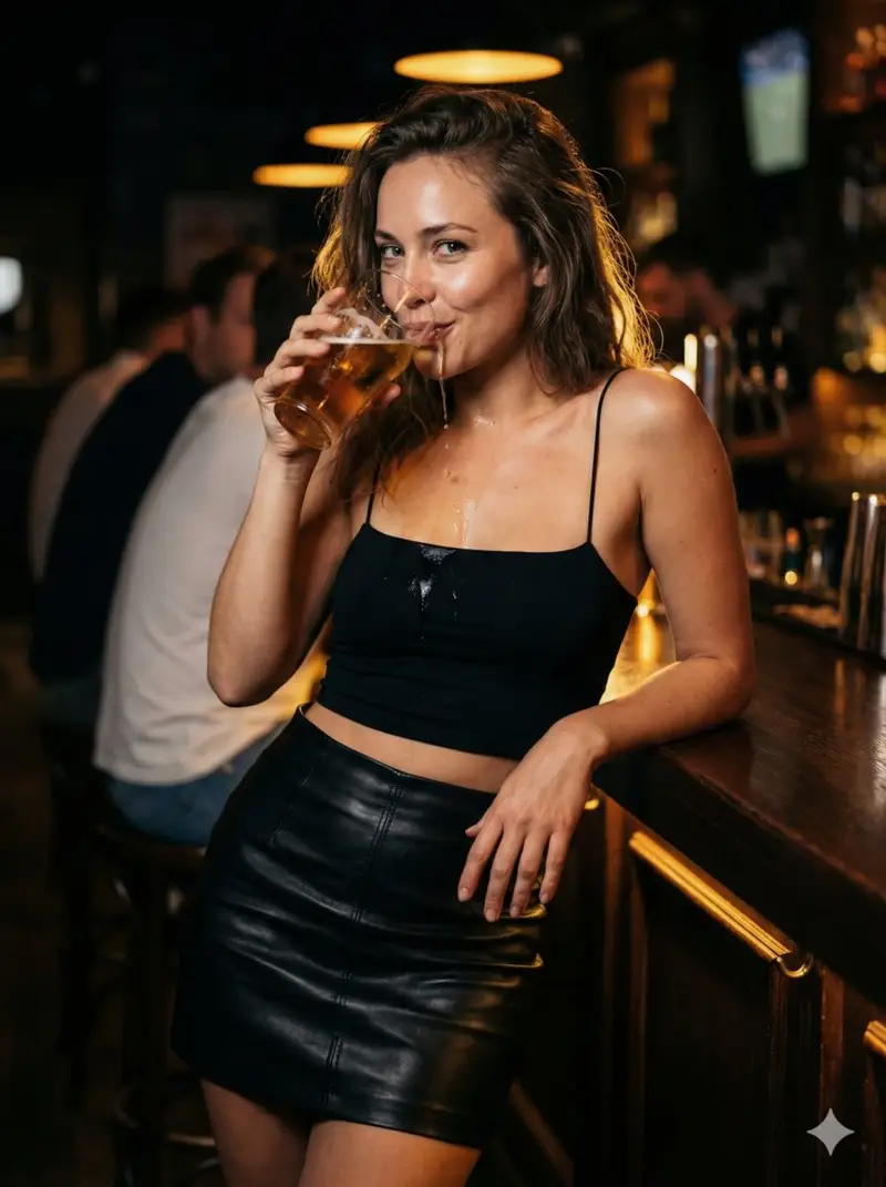 Preview of Ultra-Photorealistic Nightlife Portrait with Spilled Beer