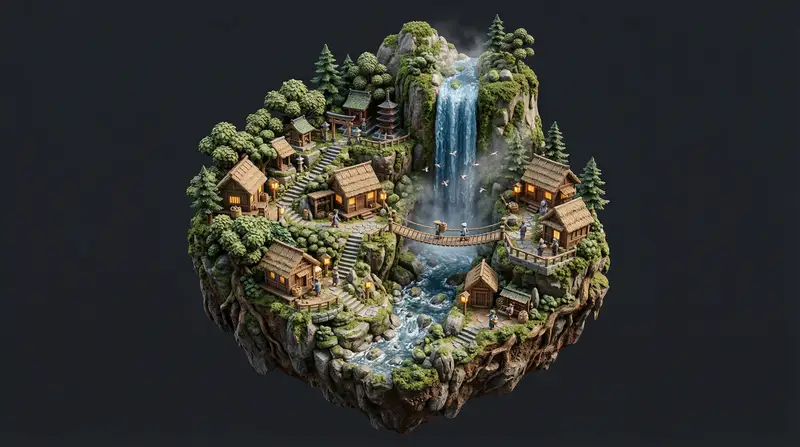 پیش‌نمایش Stylized Miniature Diorama of Forest Waterfall Village