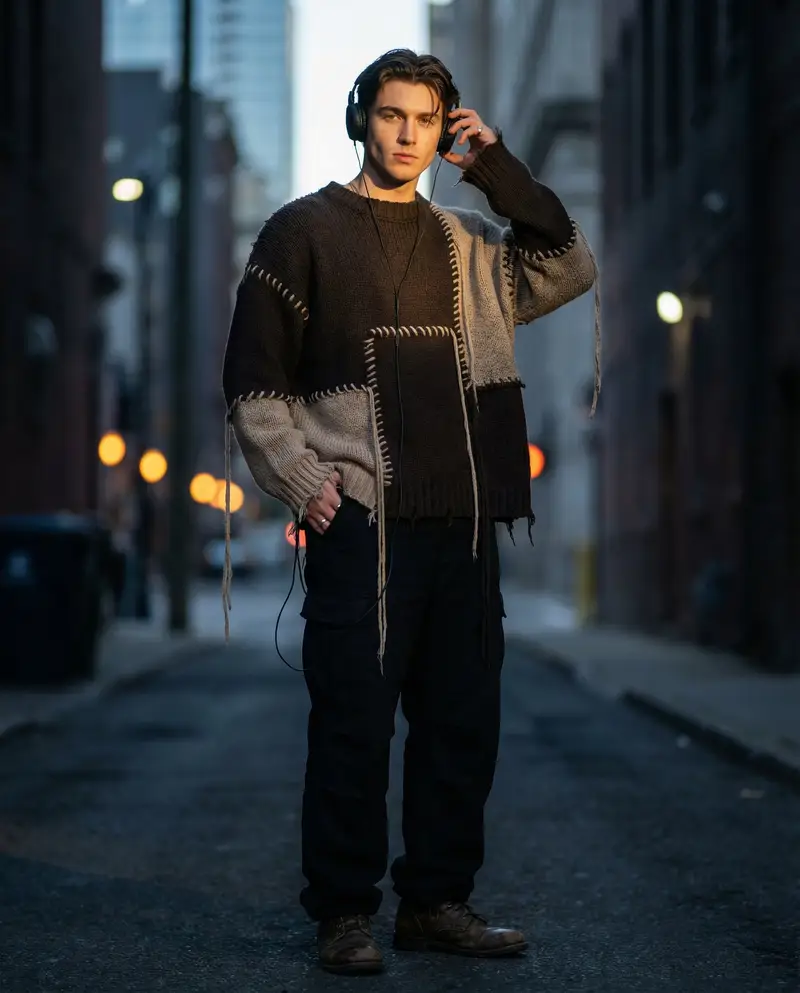 پیش‌نمایش Editorial Street Fashion Portrait with Patchwork Knitwear