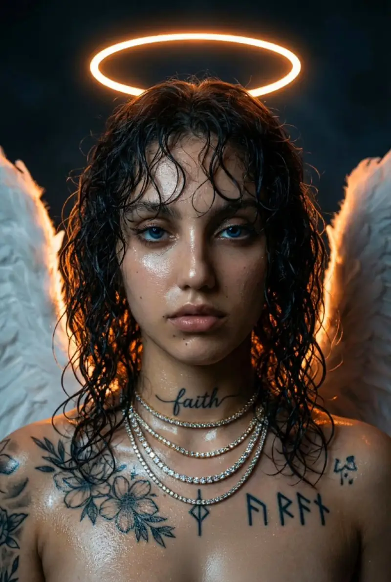 Preview of Dark Fantasy Neon Portrait with Glowing Halo Prompt