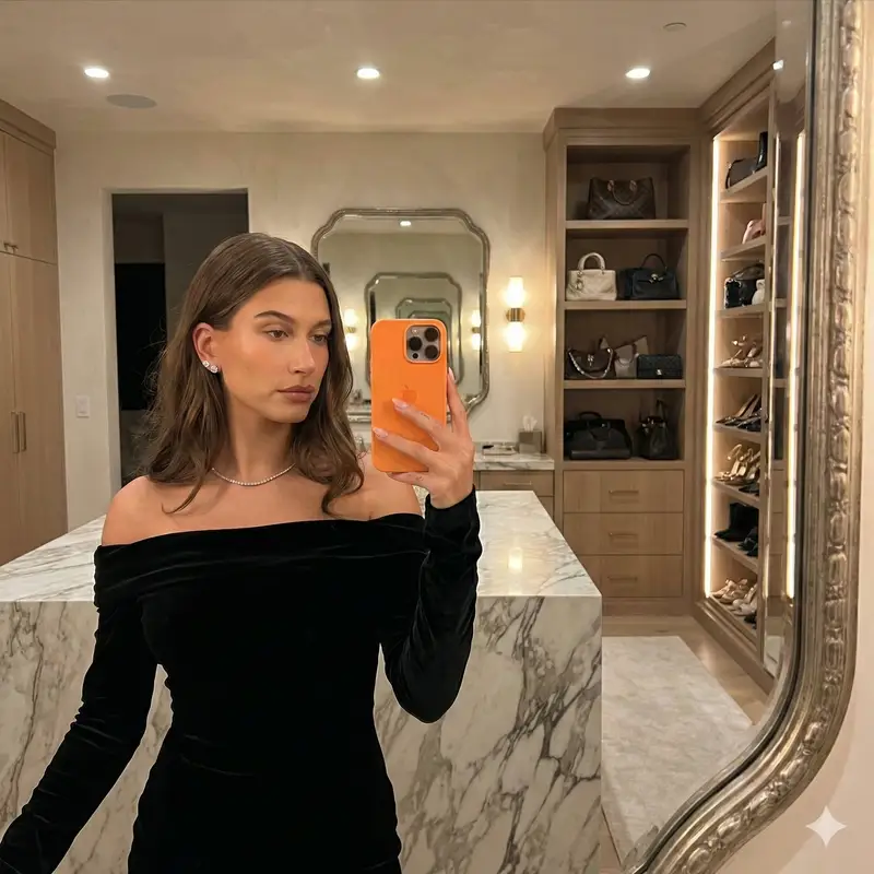 Preview of High Fashion Dressing Room Mirror Selfie Prompt (Bella Hadid Style)