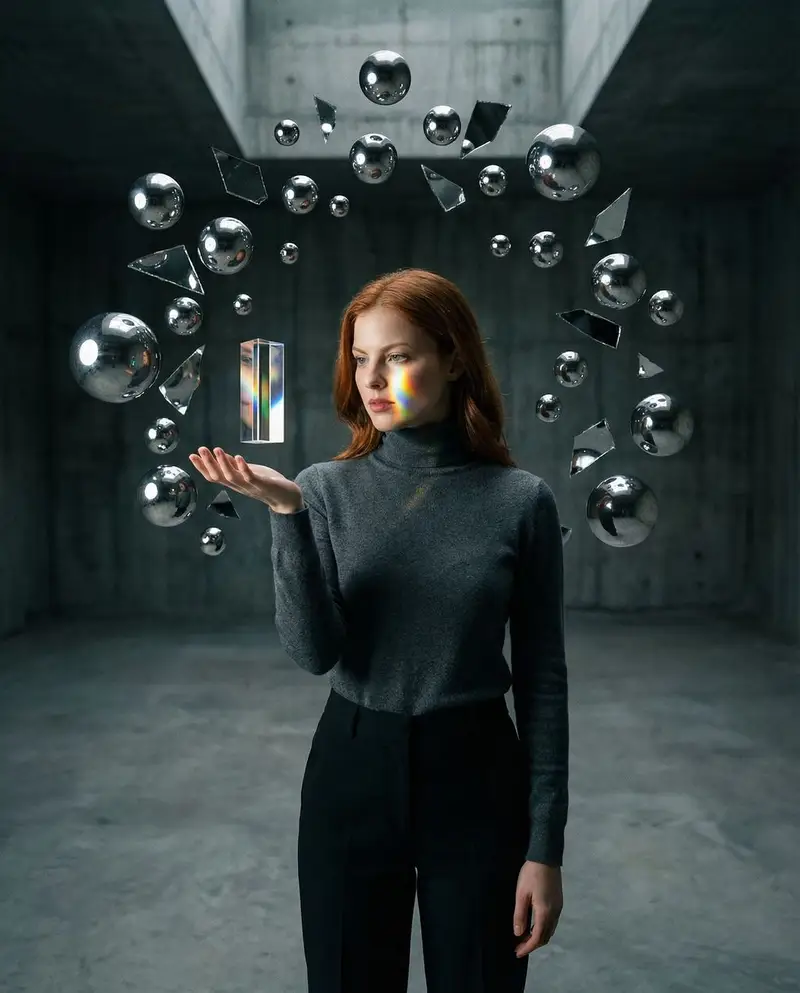 پیش‌نمایش Surreal Brutalist Portrait with Kinetic Chrome Orbits Prompt in JSON