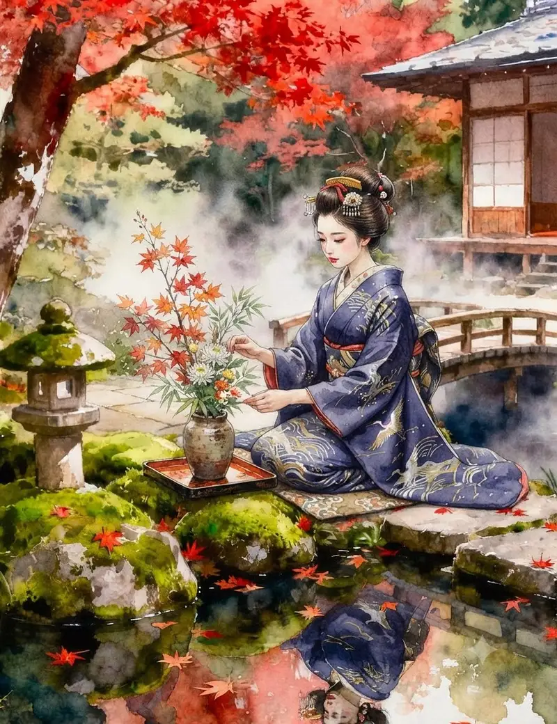 پیش‌نمایش Japanese Woman Autumn Garden Kimono