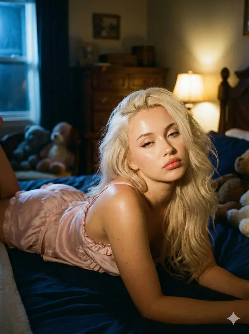 Preview of Intimate Low-Light Bedroom Portrait with Vintage Film Aesthetic