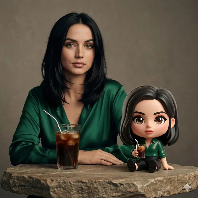 Preview of Cinematic Studio Portrait of Ana de Armas with Chibi Figure