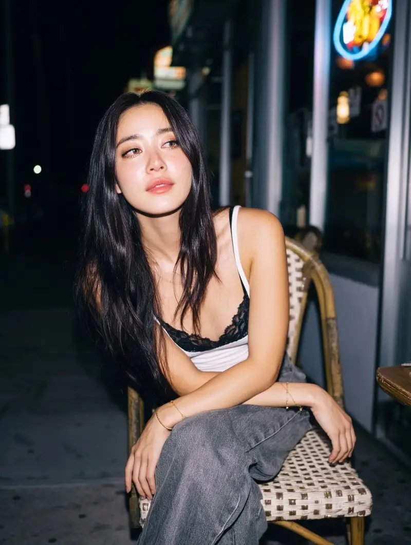 Preview of Candid Nighttime Street Portrait with Flash Photography Aesthetic