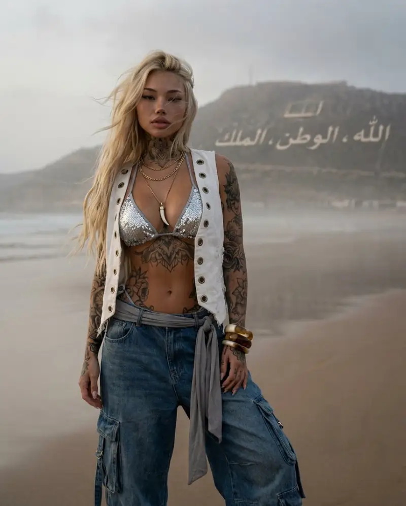 Preview of Tattooed Woman on Misty Beach Fashion Editorial
