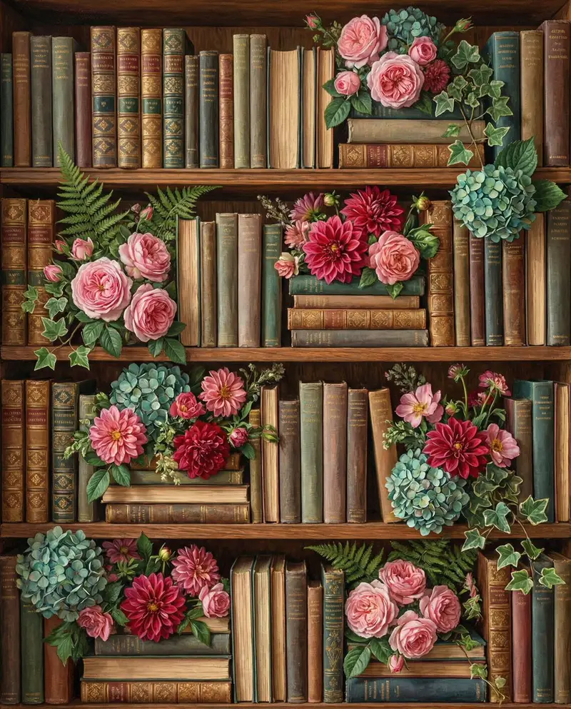 پیش‌نمایش Overhead Shot of Bookshelves with Floral Arrangements