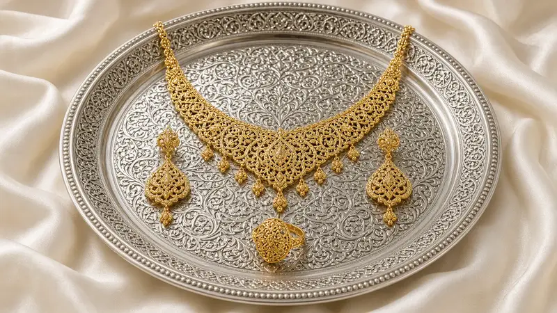پیش‌نمایش سرویس عروس طلا روی سینی نقره قلم‌زنی اصفهان
