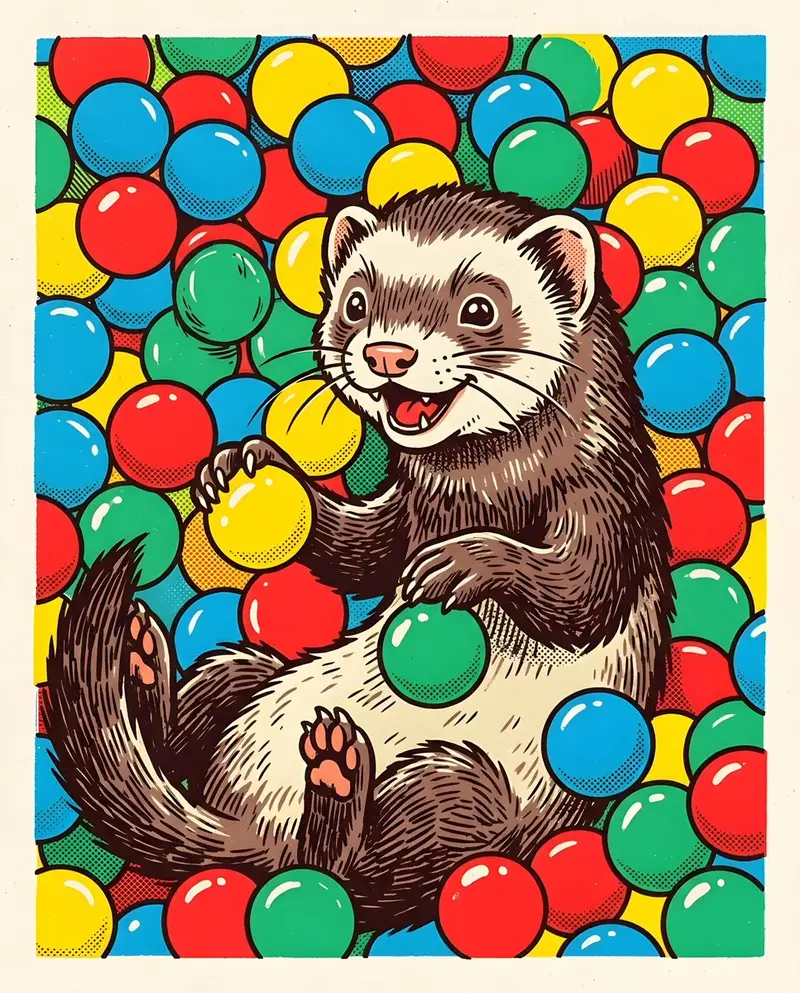 Preview of Whimsical Ferret Ball Pit Illustration