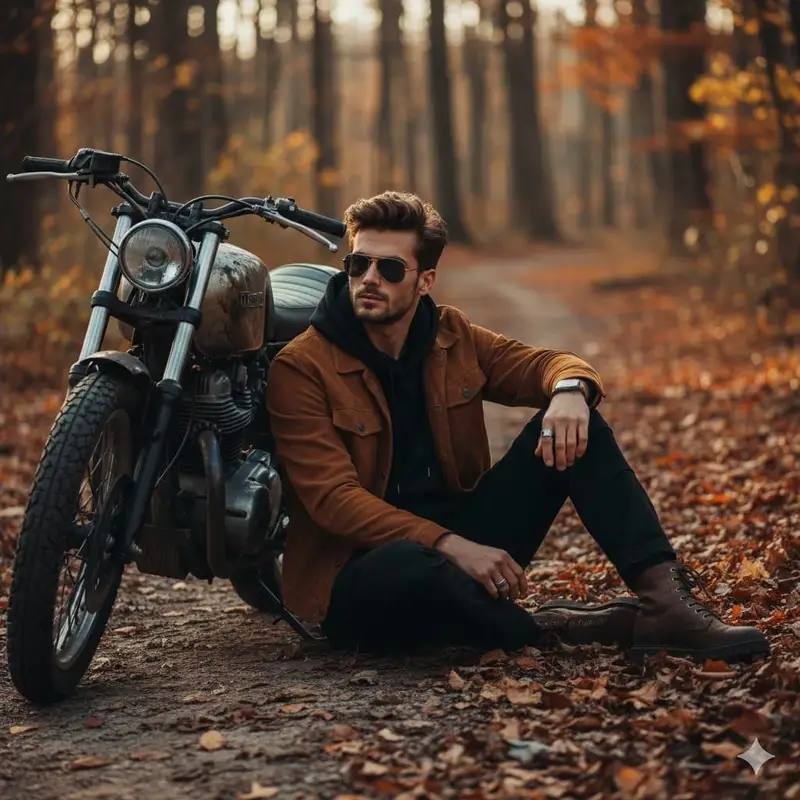 Preview of Cinematic Autumn Portrait of Man with Vintage Motorcycle