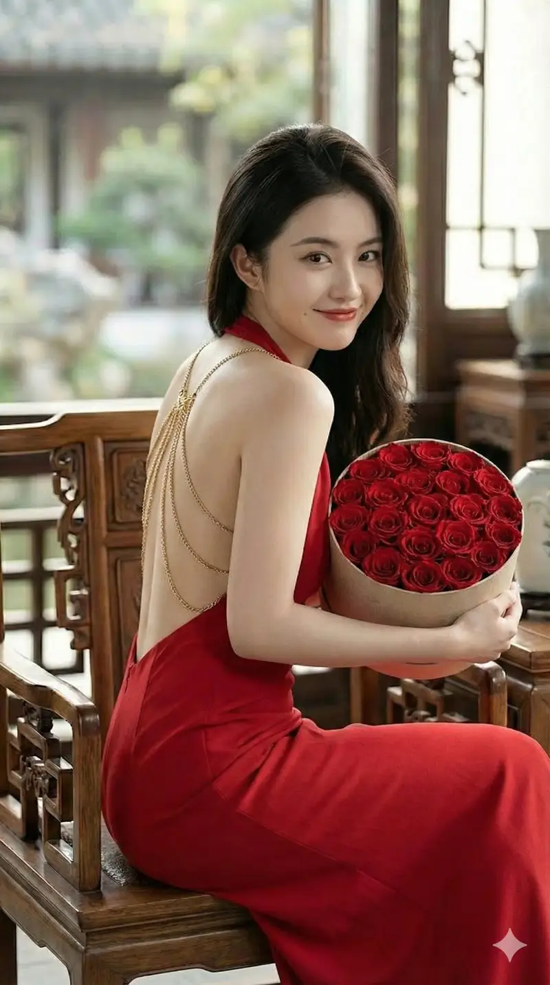 Preview of Romantic Opulence Portrait Prompt (Red Dress)