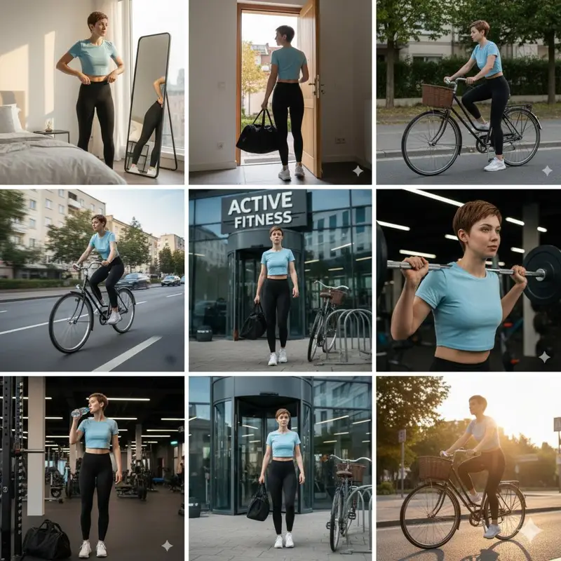 پیش‌نمایش Ultra-realistic cinematic 9-photo collage of a gym girl's fitness journey