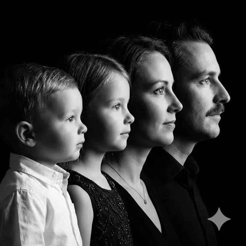 Preview of High-Contrast Black and White Family Studio Portrait