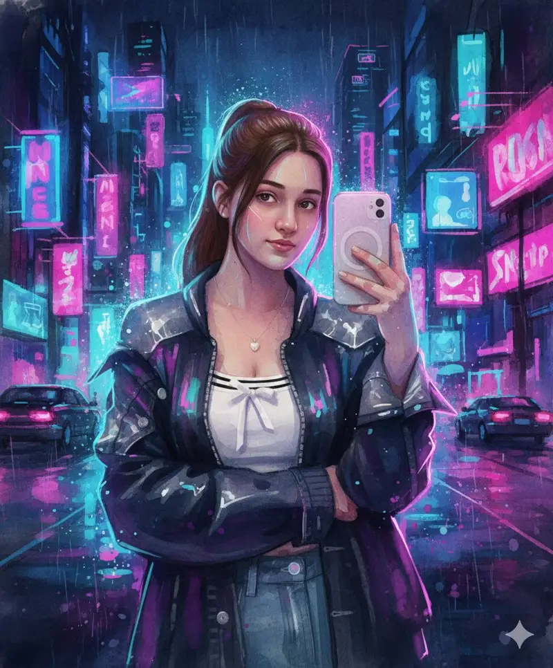 Preview of Neon Cyberpunk Watercolor Fusion Illustration Prompt