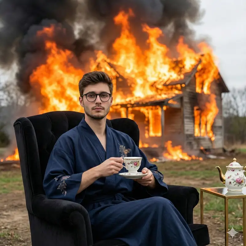 Preview of Documentary-Style Photo of Man in Robe with Burning Farmhouse