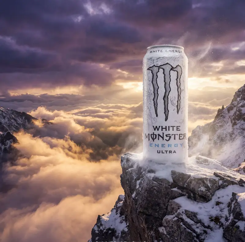 Preview of Product Ad: Monster Energy Can on Mountain Peak