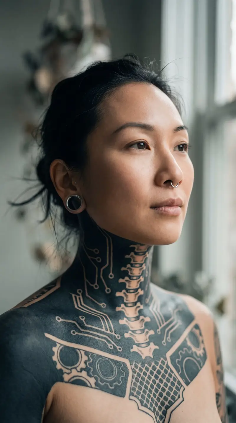 Preview of Intimate Portrait of East Asian Woman with Extensive Blackout Tattoos