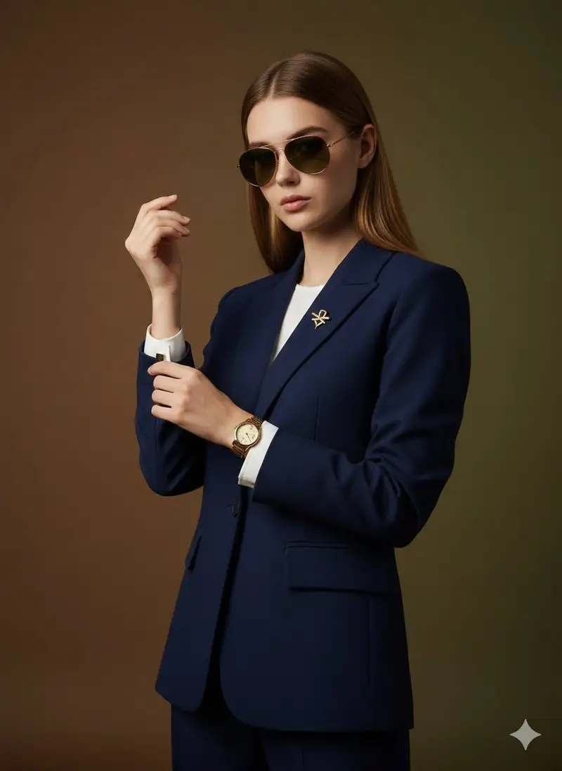 Preview of Cinematic Luxury Portrait of Woman Adjusting Cufflinks
