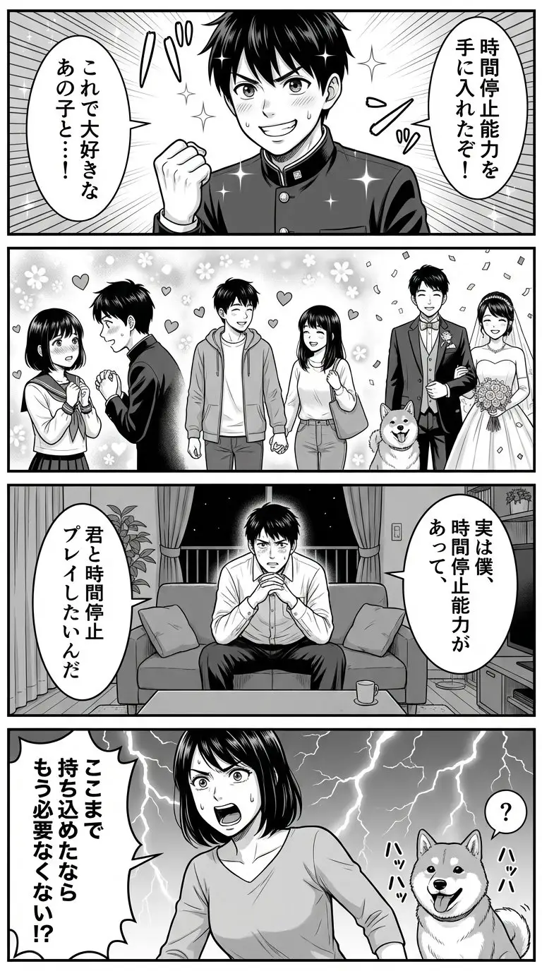 Preview of Four-Panel Manga Prompt for Nano Banana Pro: Time Stop Comedy
