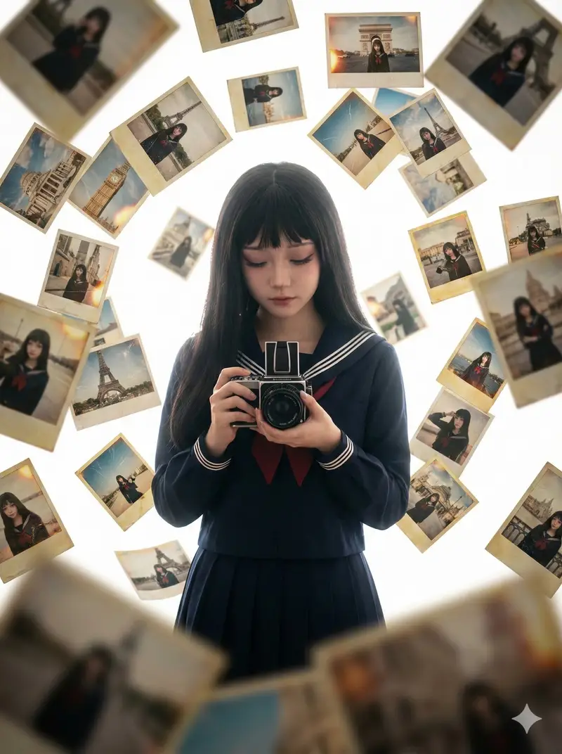 پیش‌نمایش Photorealistic Asian Girl with Floating Photos Prompt (JSON Format)
