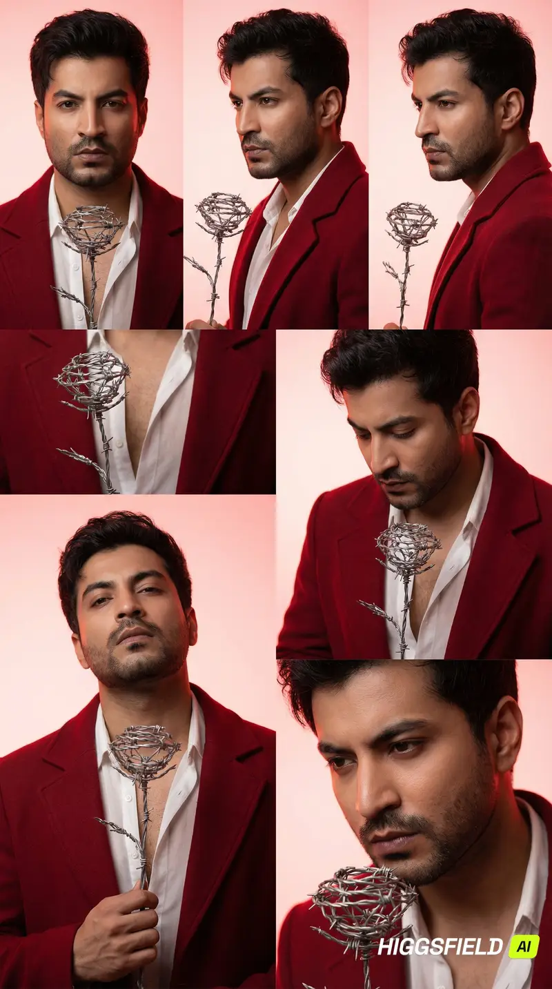 Preview of 3x2 Grid Portrait of South Asian Man with Barbed Wire Rose