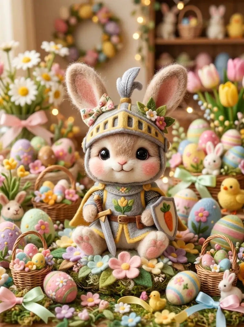 Preview of Kawaii Felt Easter Bunny with Customizable Outfit