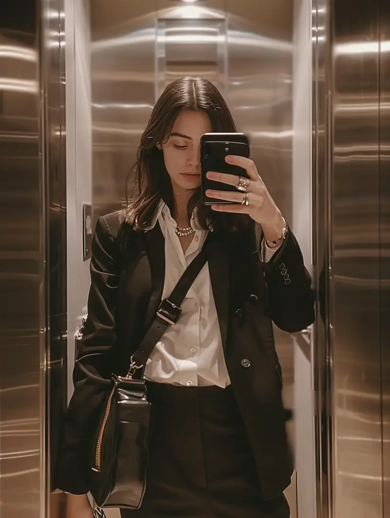 Preview of iPhone Mirror Selfie with Old Money Corporate Elegance Vibe