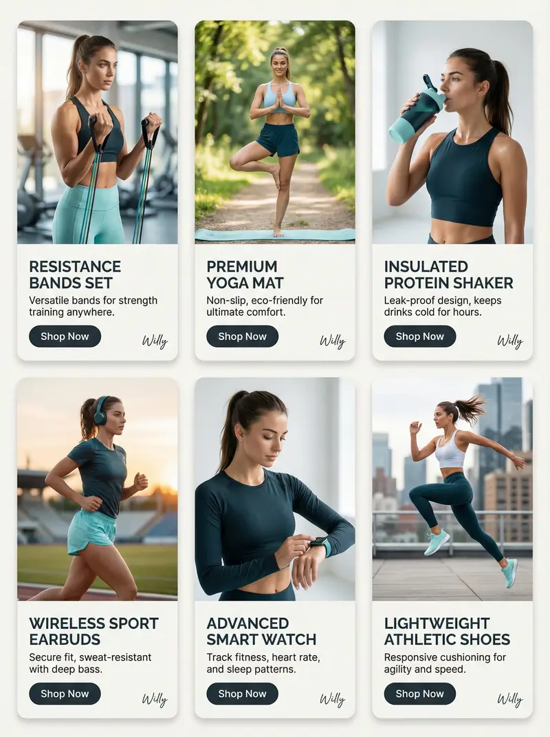 پیش‌نمایش Fitness Product Showcase Card Grid Prompt