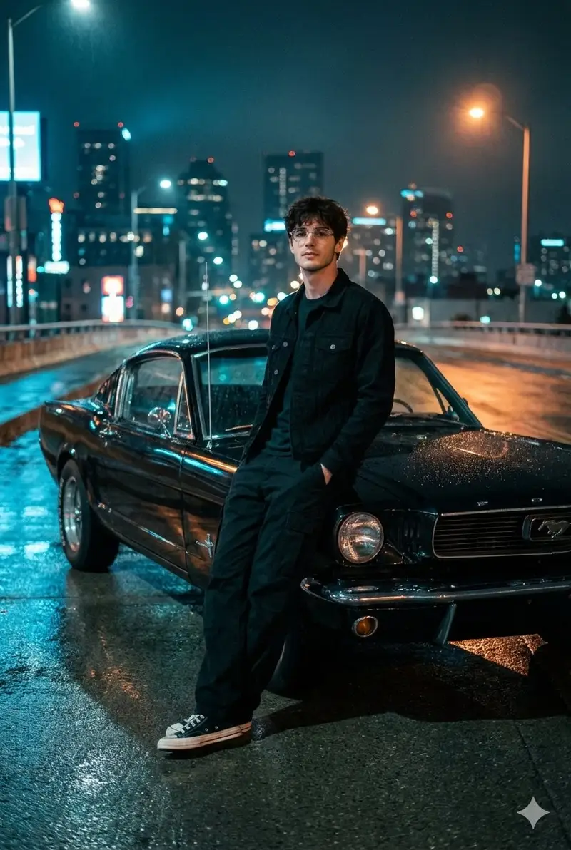 Preview of Cinematic Night Photo with 1960s Mustang