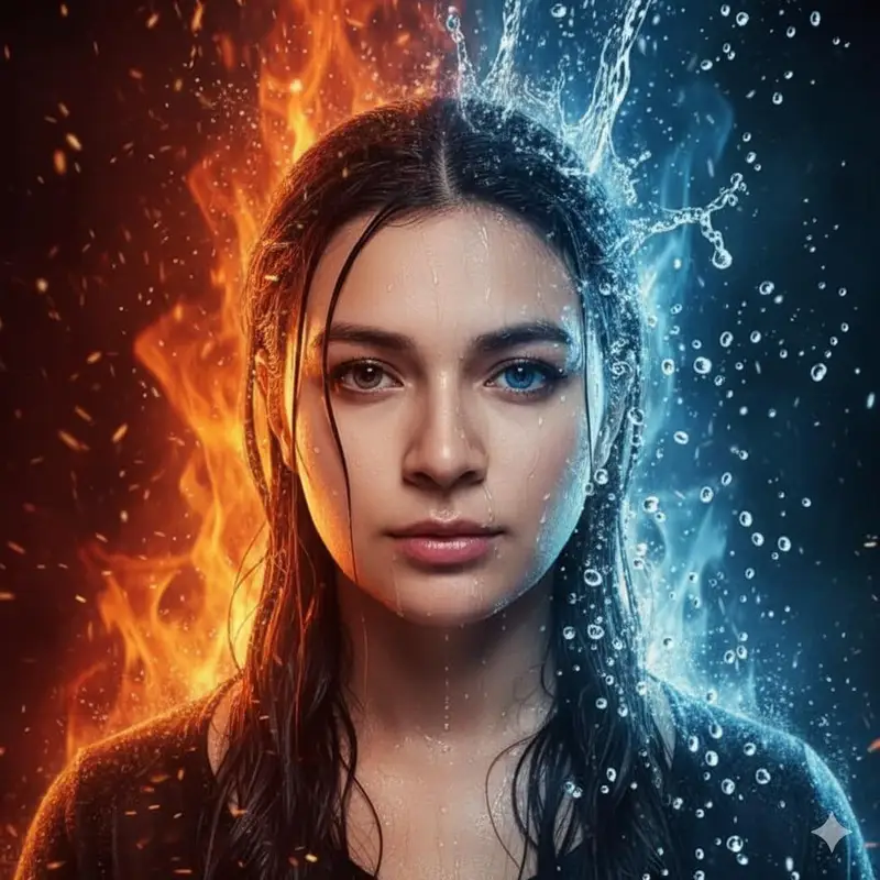 Preview of Hyper-Realistic Cinematic Portrait of Elemental Balance (Fire and Water)