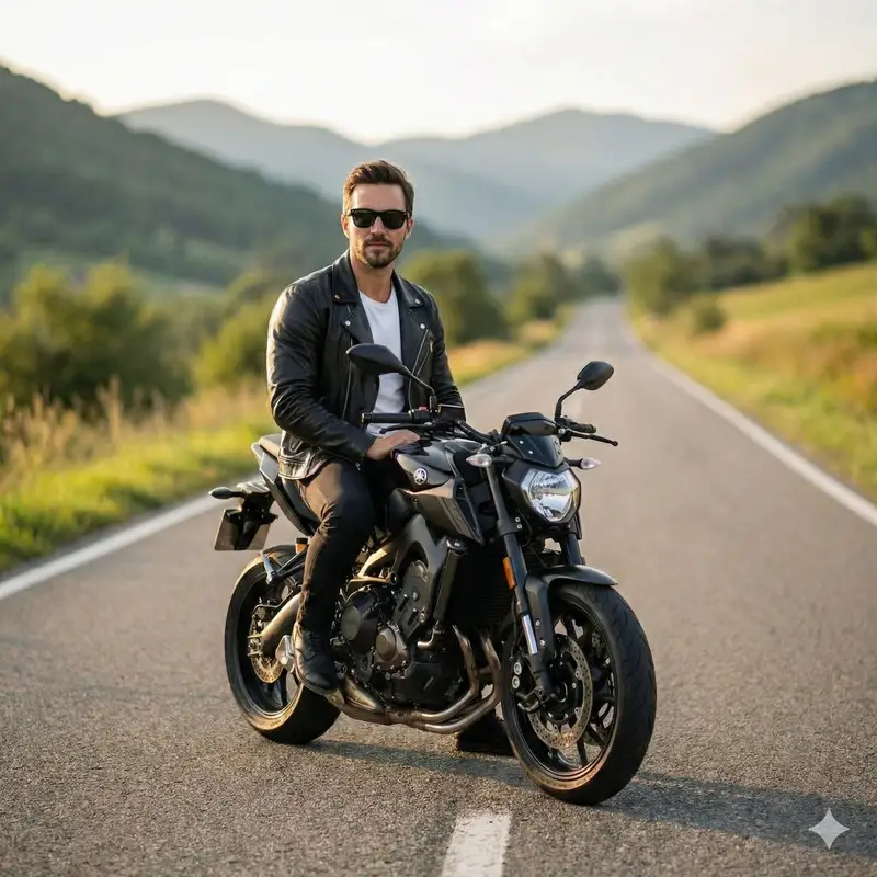 Preview of Cinematic Portrait of Man on Modern Motorbike