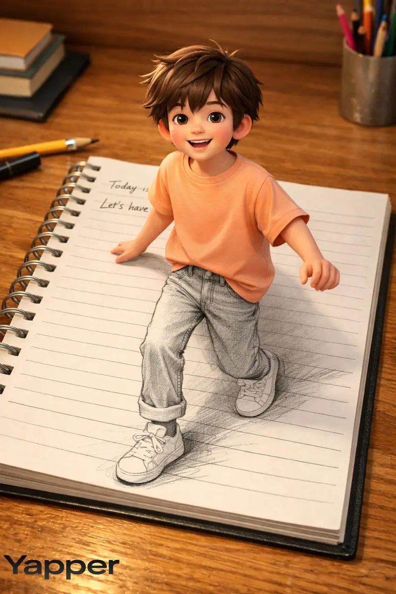Preview of Creative 3D Illusion Artwork of a Boy Stepping Out of a Notebook