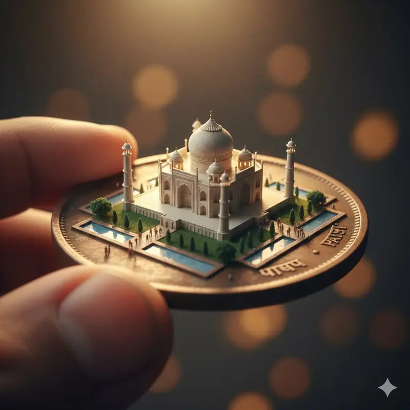 Preview of Macro Realism: Miniature Taj Mahal on a Vintage Indian Coin