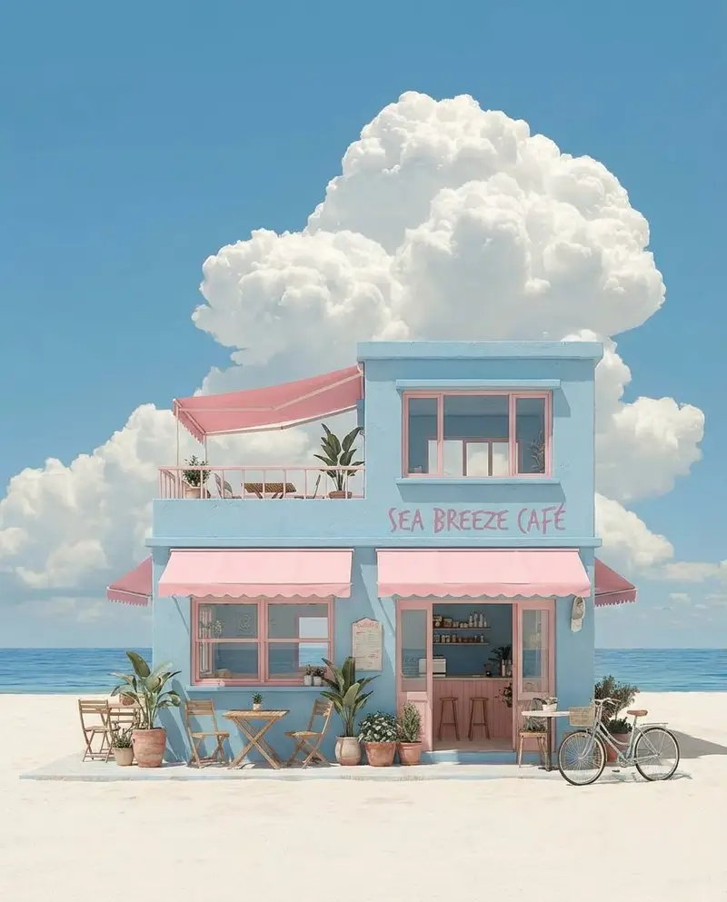 پیش‌نمایش Pastel Coastal Building with Dramatic Cumulus Cloud Prompt