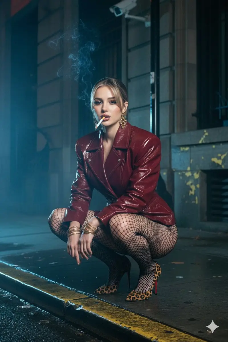 Preview of Cyber-Noir Wet City Sidewalk Portrait Prompt