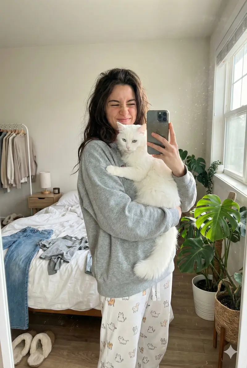 Preview of Candid Mirror Selfie with a Fluffy Cat