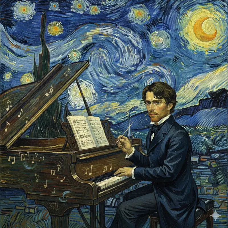 Preview of Chopin in Van Gogh's Starry Night Style Prompt