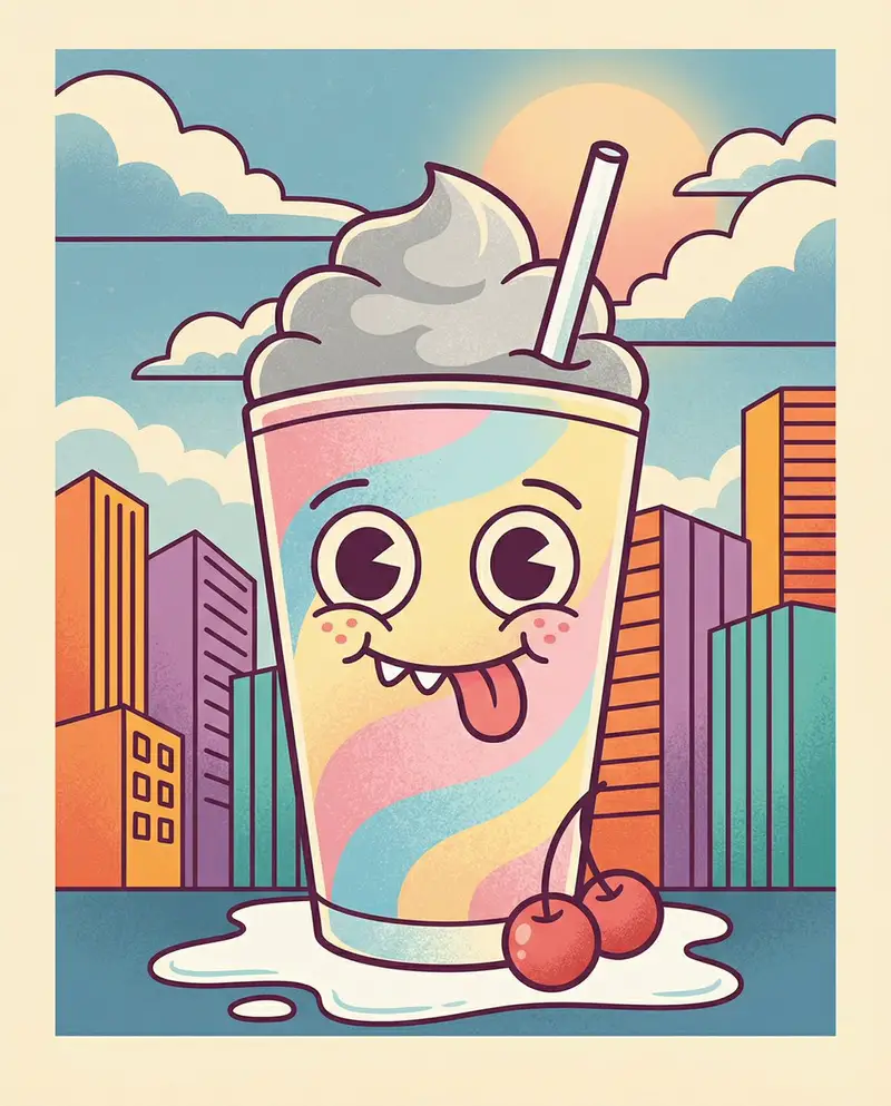 Preview of Whimsical Cartoon Milkshake with City Skyline Background