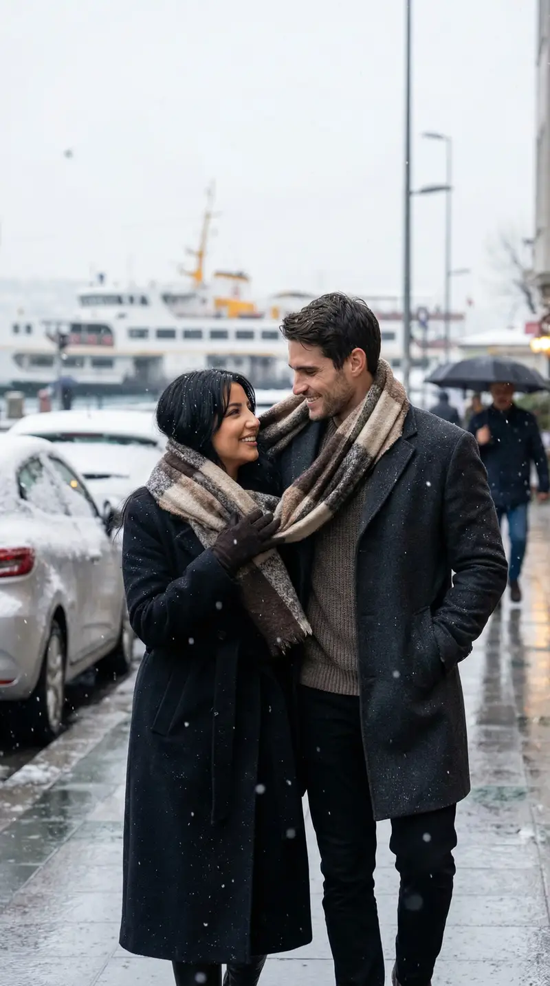 Preview of Photoreal Candid Street Romance in Winter Snow