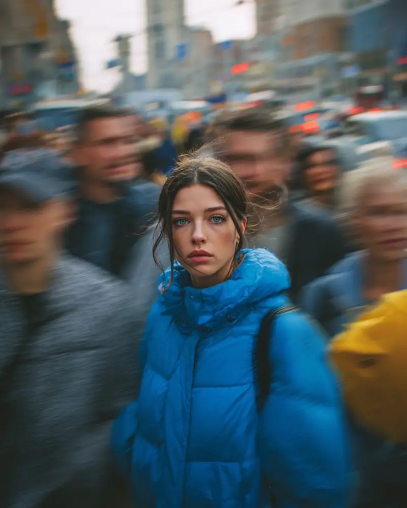 Preview of Cinematic Street Portrait of Woman in Puffer Jacket (3 Variations) · 2