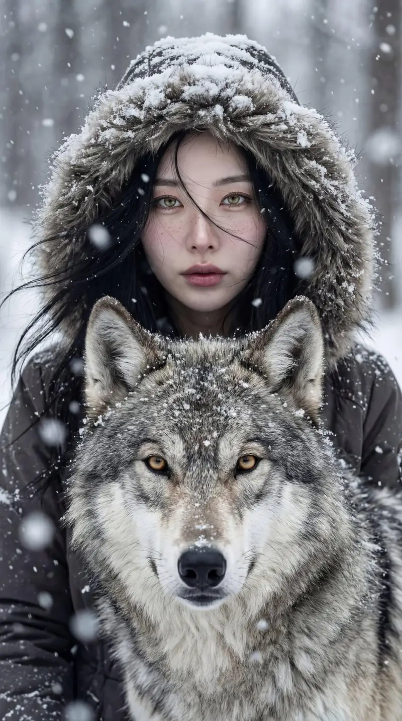 Preview of Cinematic Winter Portrait: Woman and Wolf