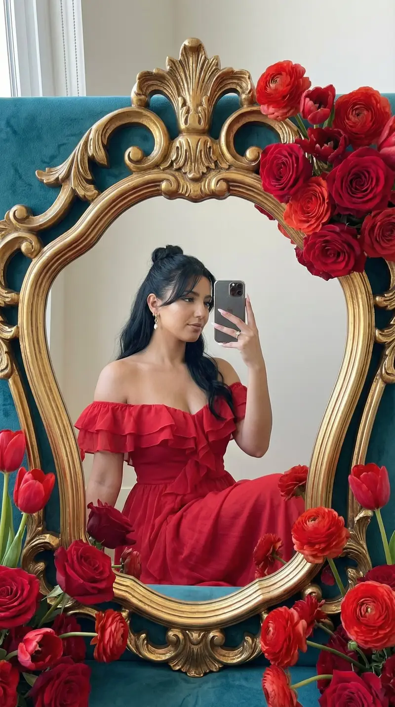 Preview of Photoreal Editorial Mirror Selfie with Floral Frame