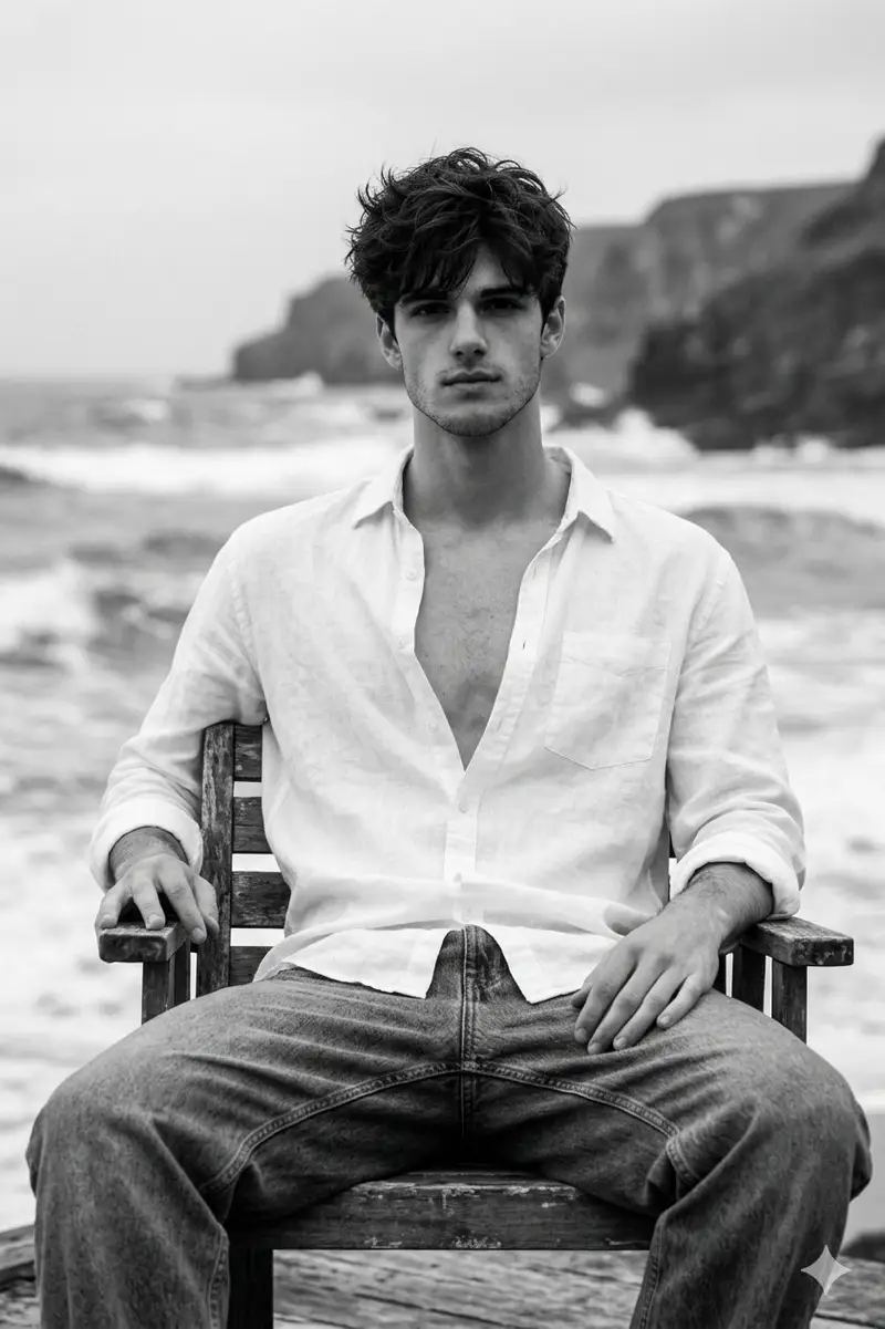 Preview of Black and White Portrait of Man by the Seashore