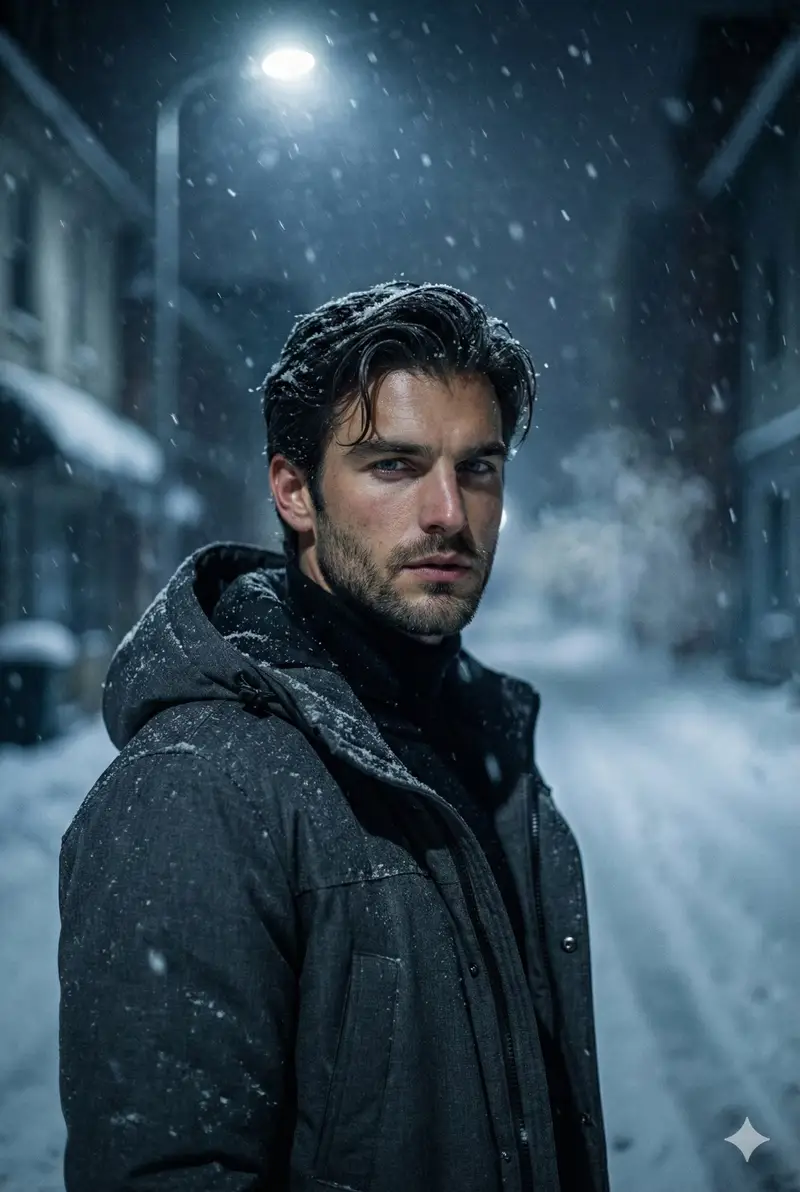 Preview of Winter Noir Cinematic Portrait of Man in Snowy Street