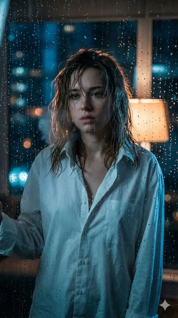 Preview of Cinematic Voyeuristic Portrait through Rain-Streaked Window