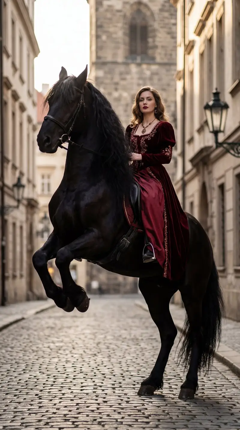 Preview of High-Fashion Horseback Portrait on Vintage Street