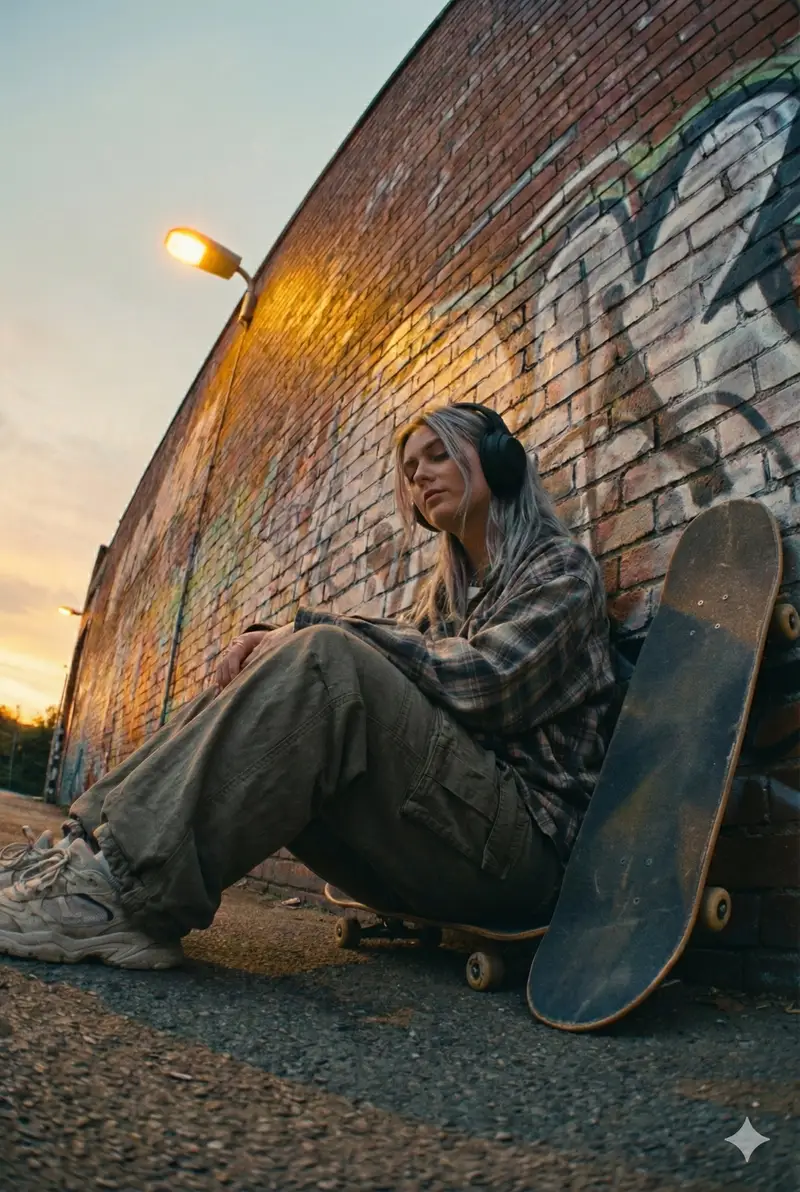 پیش‌نمایش Cinematic Street Portrait of a Young Woman Listening to Music