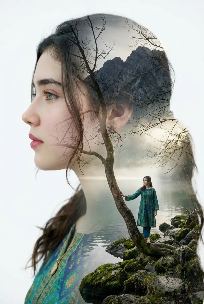 Preview of Double Exposure Portrait with Tree Branches and Landscape